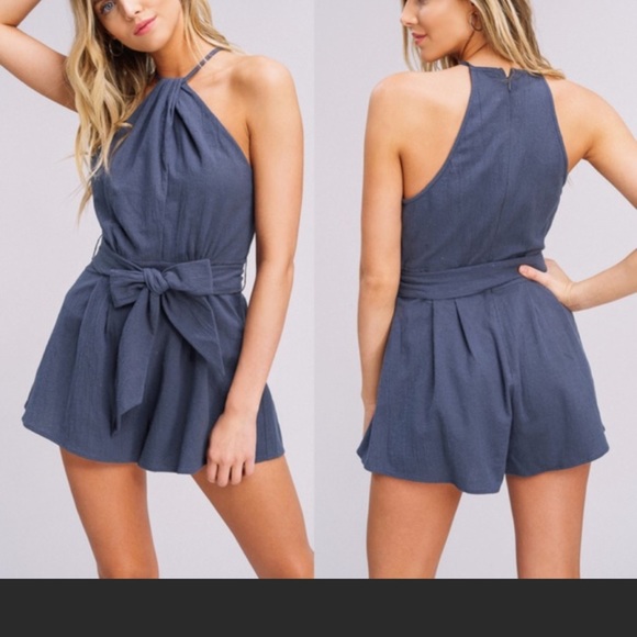 Listicle Short Halter Romper With Waist Tie in Blue Gray. Women’s Medium - Picture 4 of 8
